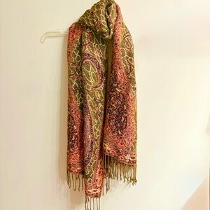 Pashmina Paisley Scarf Shawl Metallic Threads Olive Green, Peach and Black